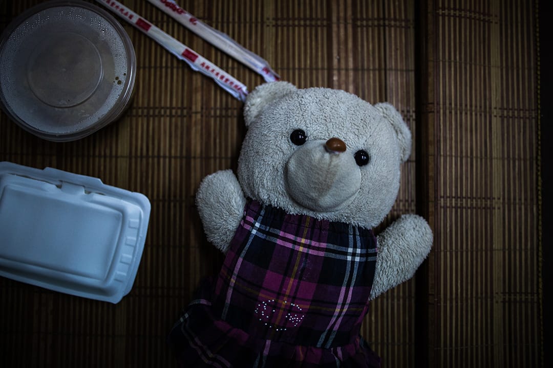 河會小學受災安置點，7 歲的趙一帆是趙家歡的妹妹，她媽媽買了兩隻小熊，給姐姐的小熊穿綠衣服，給趙一帆的穿紅衣服，而小熊的衣服是她媽媽自己縫的，這小熊是她最喜歡的玩偶，睡覺也要抱著。這個娃娃在洪水來時就跟床一起浮在水上，沒有弄髒。