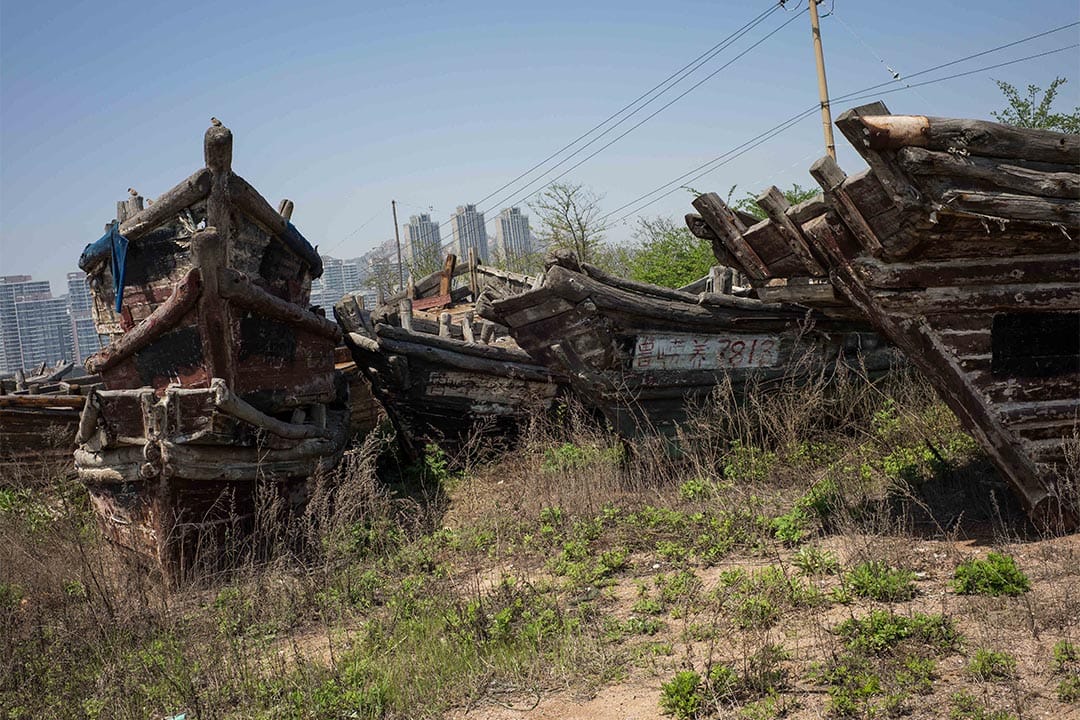 图为因中国近海无鱼可捕,而被废弃的渔船。中国最近因非法跨境捕鱼,其渔船有许多遭到扣押甚至是炸毁。
