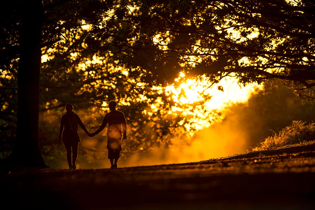 一對情侶在夕陽下散步。