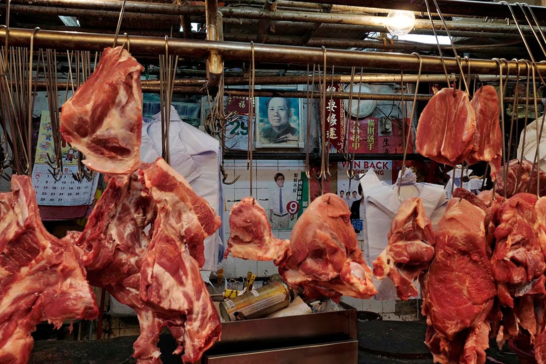 在肉店內，民主黨參選人的宣傳單張張貼了在毛澤東肖象之下。