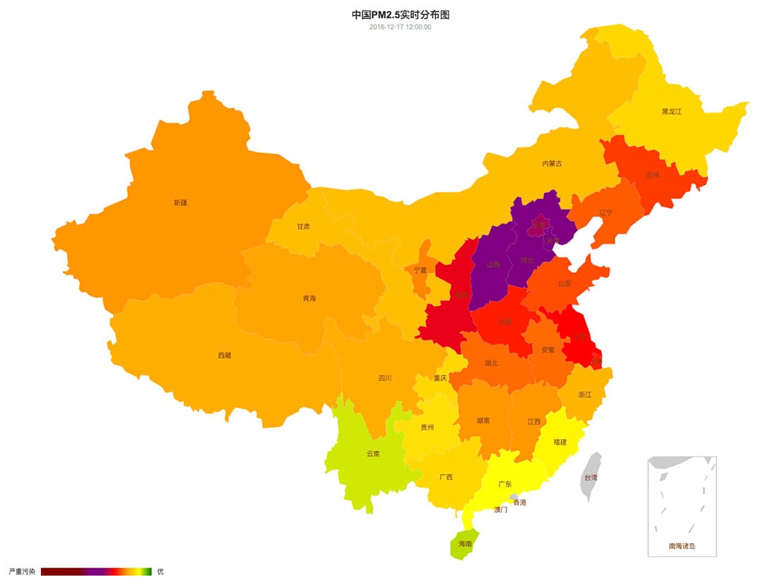 中国空气质量在12月15日至21日的变化。图-12月17日。
