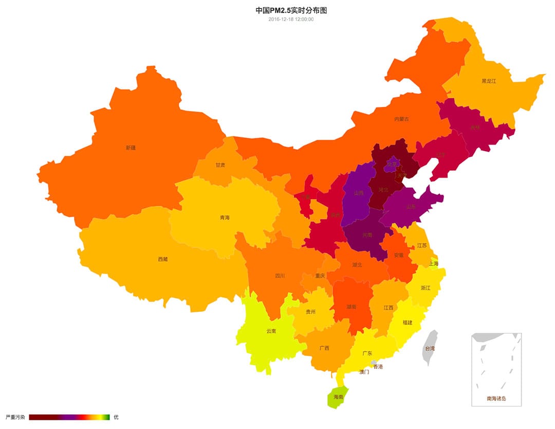 中国空气质量在12月15日至21日的变化。图-12月18日。