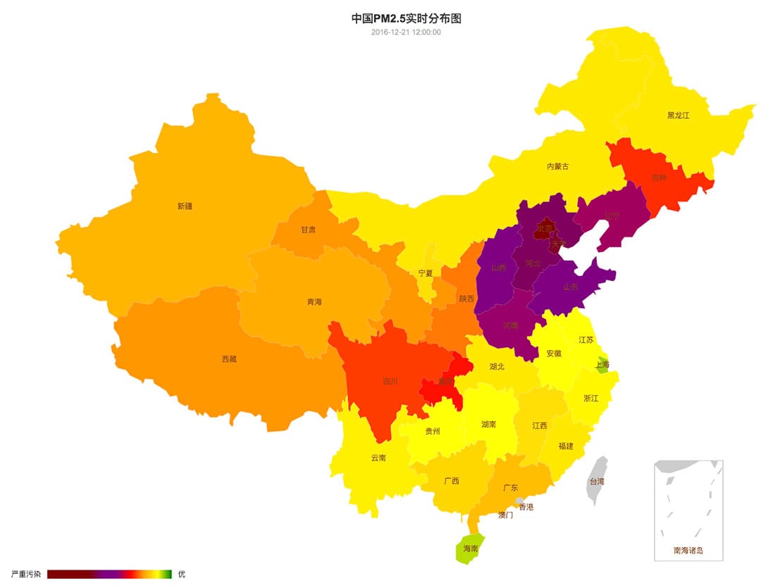 中国空气质量在12月15日至21日的变化。图-12月21日。