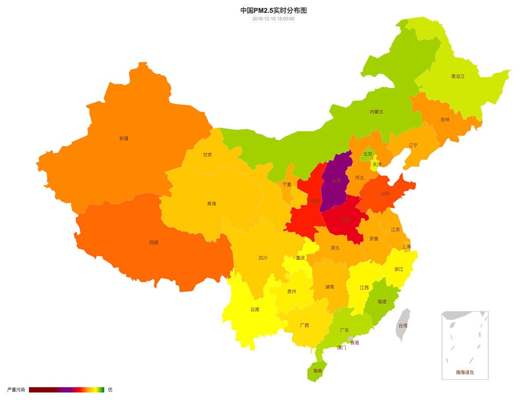 中国空气质量在12月15日至21日的变化。图-12月19日。