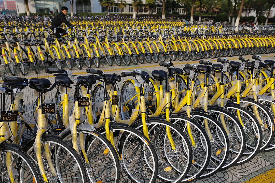 「摩拜單車」、「ofo單車」等在不到一年的時間內，紛紛獲得過億美元的資金支持。圖為在安徽安慶的ofo共享單車。