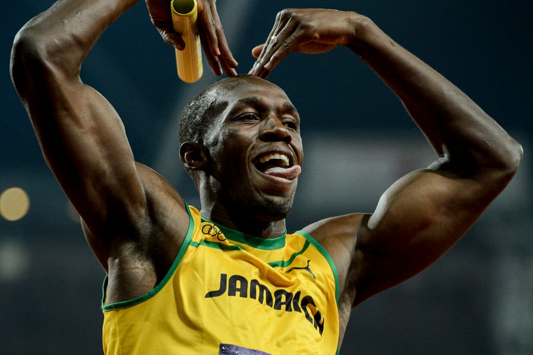 2012年8月11日，英国伦敦奥运会，保特在胜出男子4x100接力赛后庆祝。