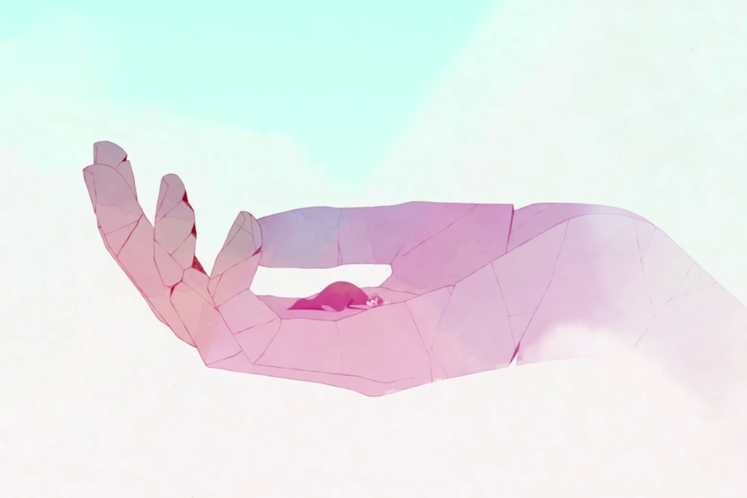 Gris在人形雕塑的手心里醒来。