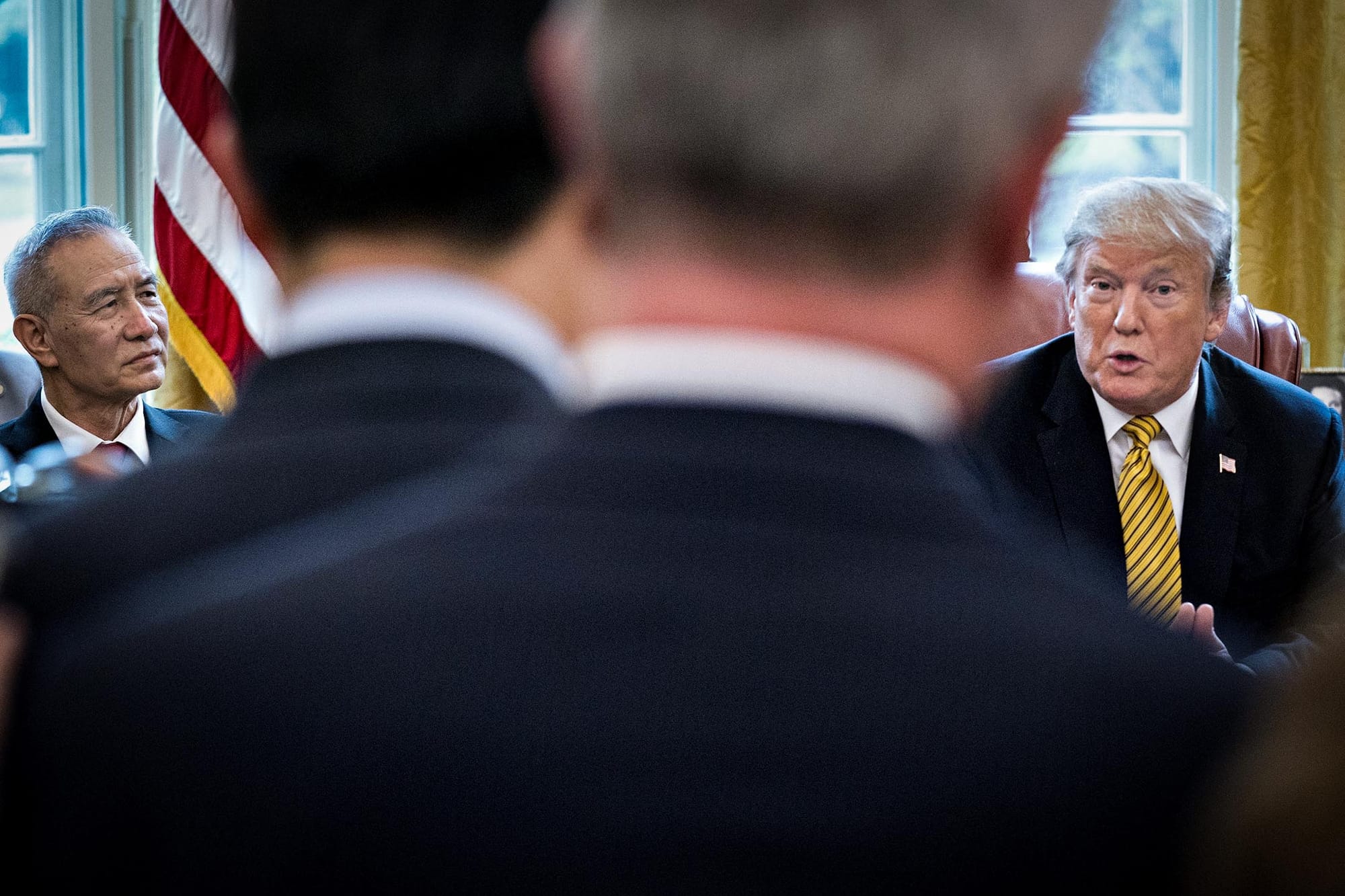 2019年4月4日，美国总统特朗普在美国华盛顿白宫椭圆形办公室会晤中国副总理刘鹤。