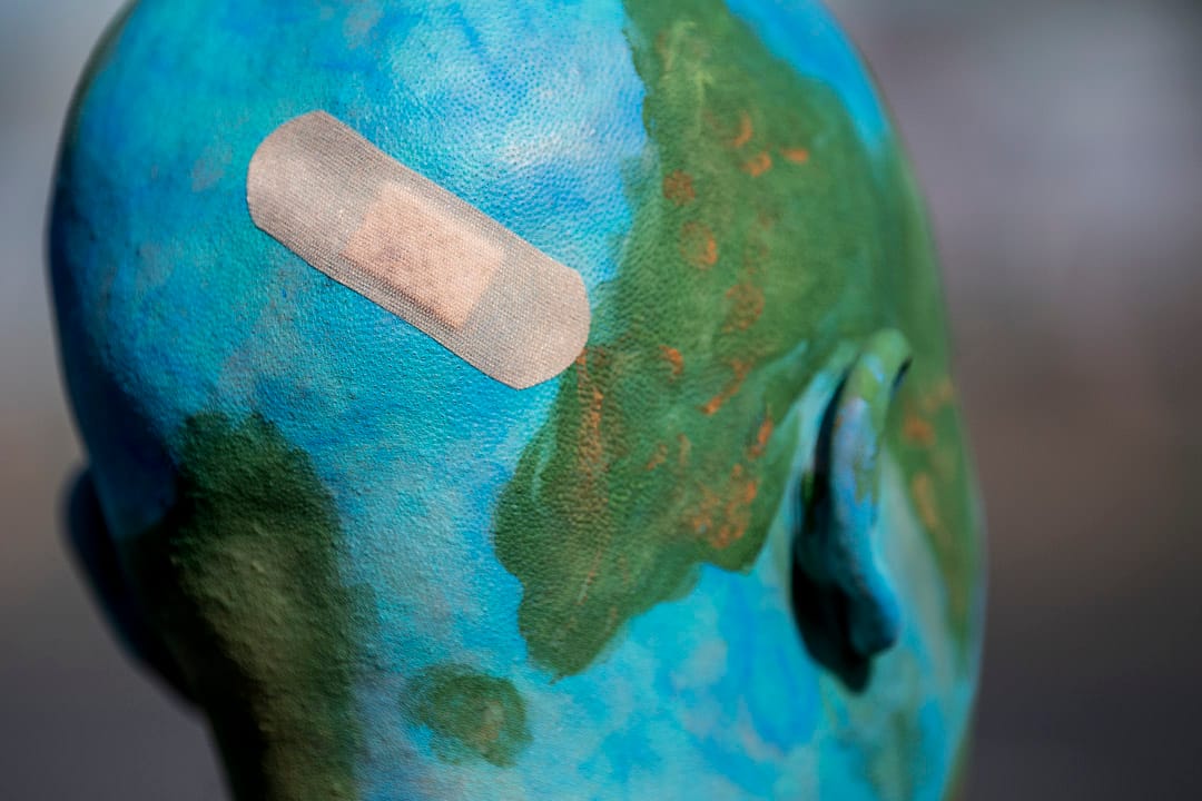 2019年9月20日联合国气候行动峰会举行前，德国斯图加特，一名示威者在“未来星期五”的抗议活动上将自己的脑袋装扮成了地球的模样。受瑞典气候活动家格蕾塔的启发而发起的该全球气候罢课系列活动旨在要求国际社会采取行动应对气候变迁。