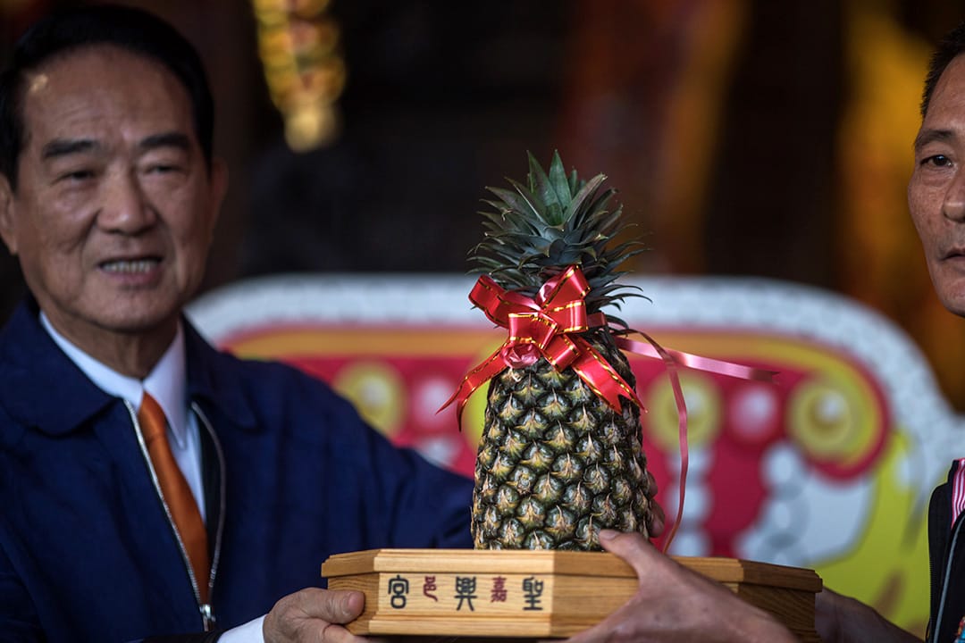 2019年12月20日，总统候选人宋楚瑜在嘉义市圣兴宫参拜，有人送上一个凤梨，寓意“旺来”。