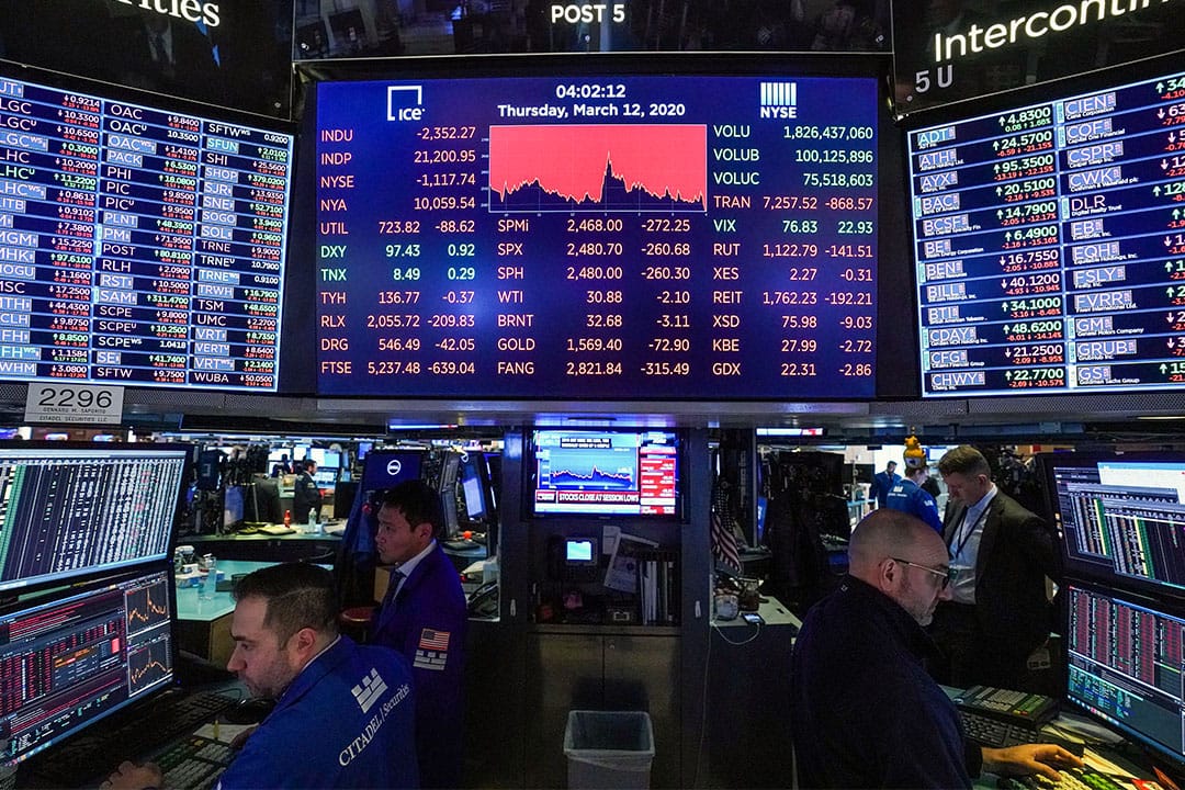 2020年3月12日在纽约证交所,萤幕上显示道琼斯工业平均指数。