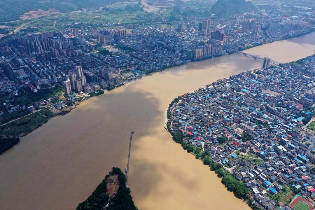 2020年7月13日，广西荣安县，珠江上游的榕江河水位低于警戒线。
