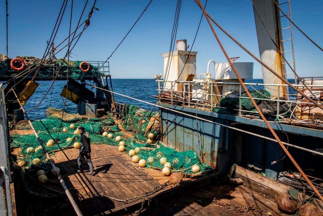 海底的淤泥被漁網拖上船,深陷在甲板的空隙裏。
