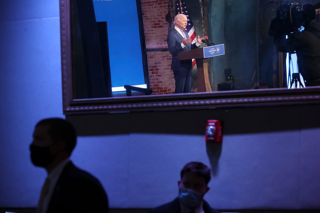 2021年1月6日,特拉華州威爾明頓,候任總統拜登在皇后劇院發表有關特朗普支持者闖進國會大樓的講話。