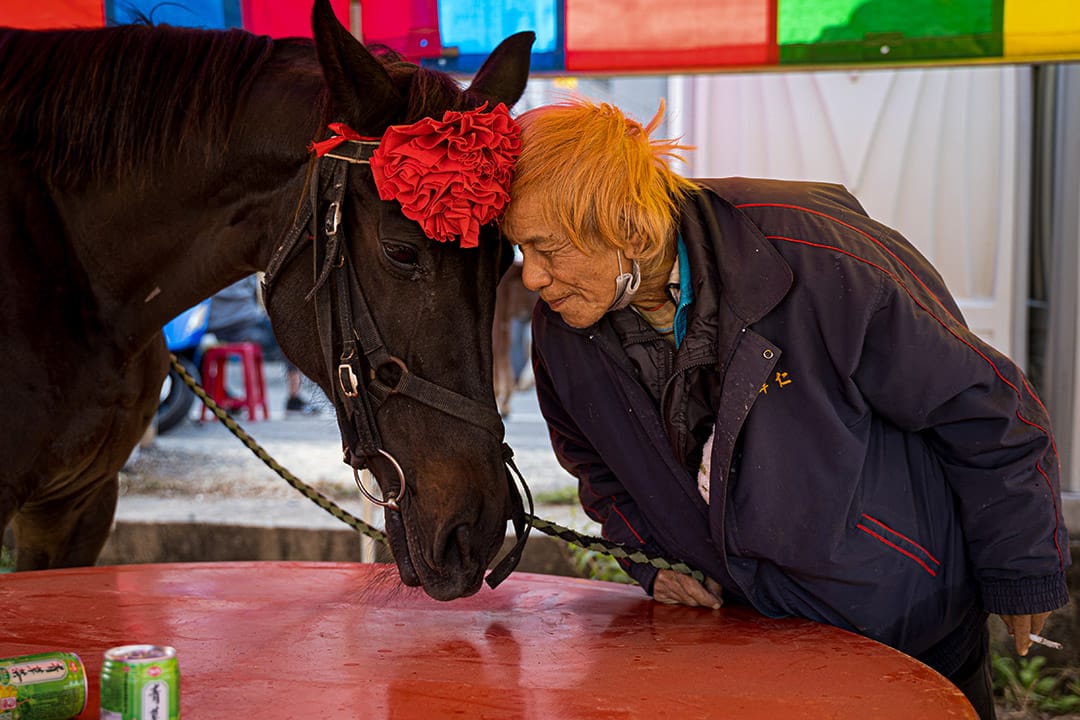 一名信眾與他當日負責照顧的馬匹相互依偎。