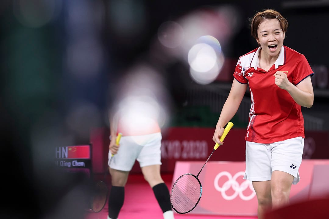 2021年8月2日,東京奧運羽毛球女雙金牌戰中,中國隊的陳清晨。
