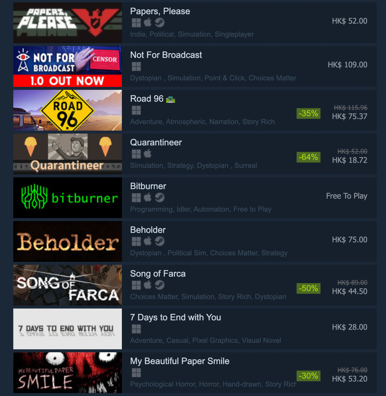 Steam平台上烏托邦遊戲清單。