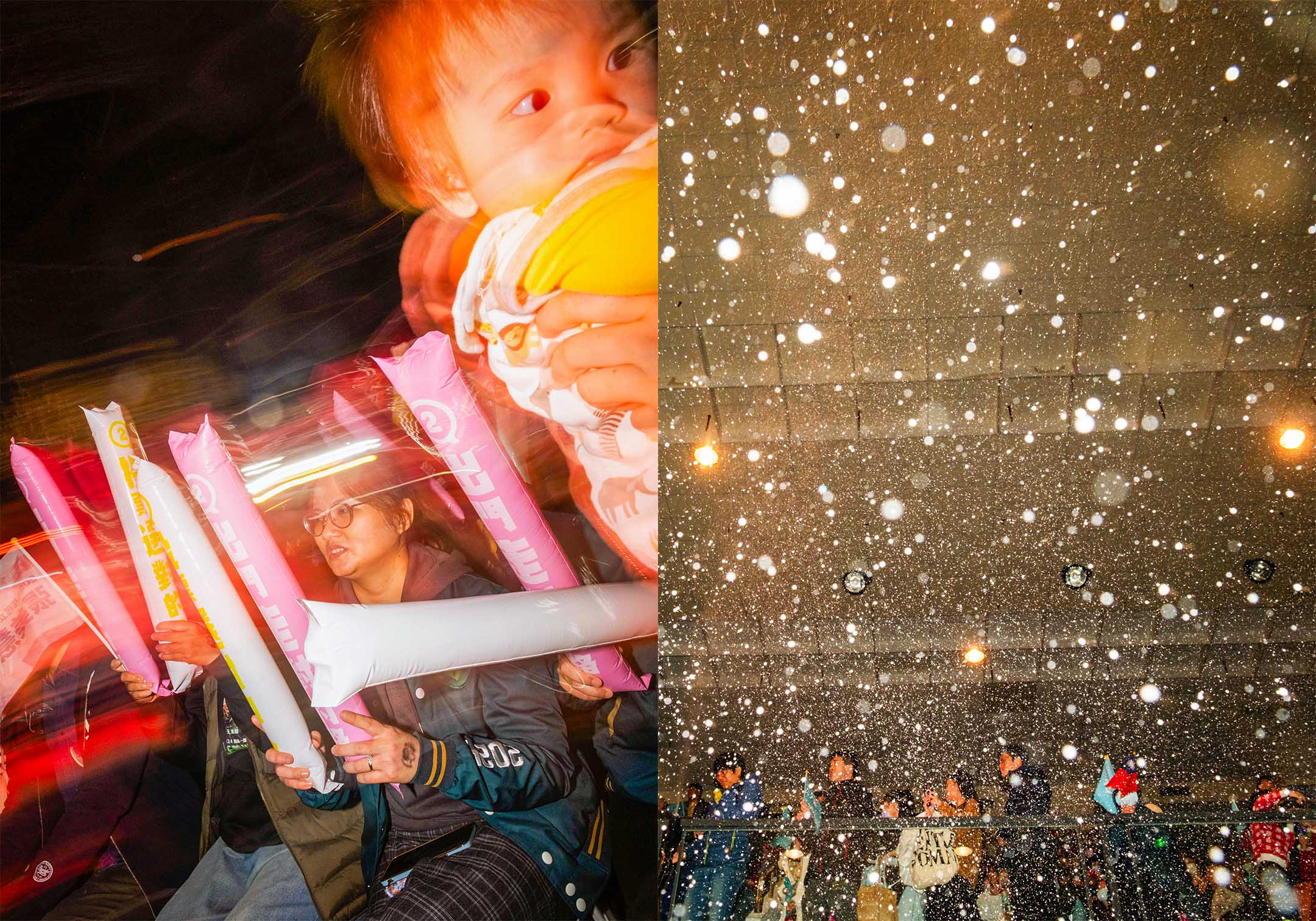 民進黨的支持者(左),民眾黨的造勢活動(右)攝:陳焯煇/端傳媒