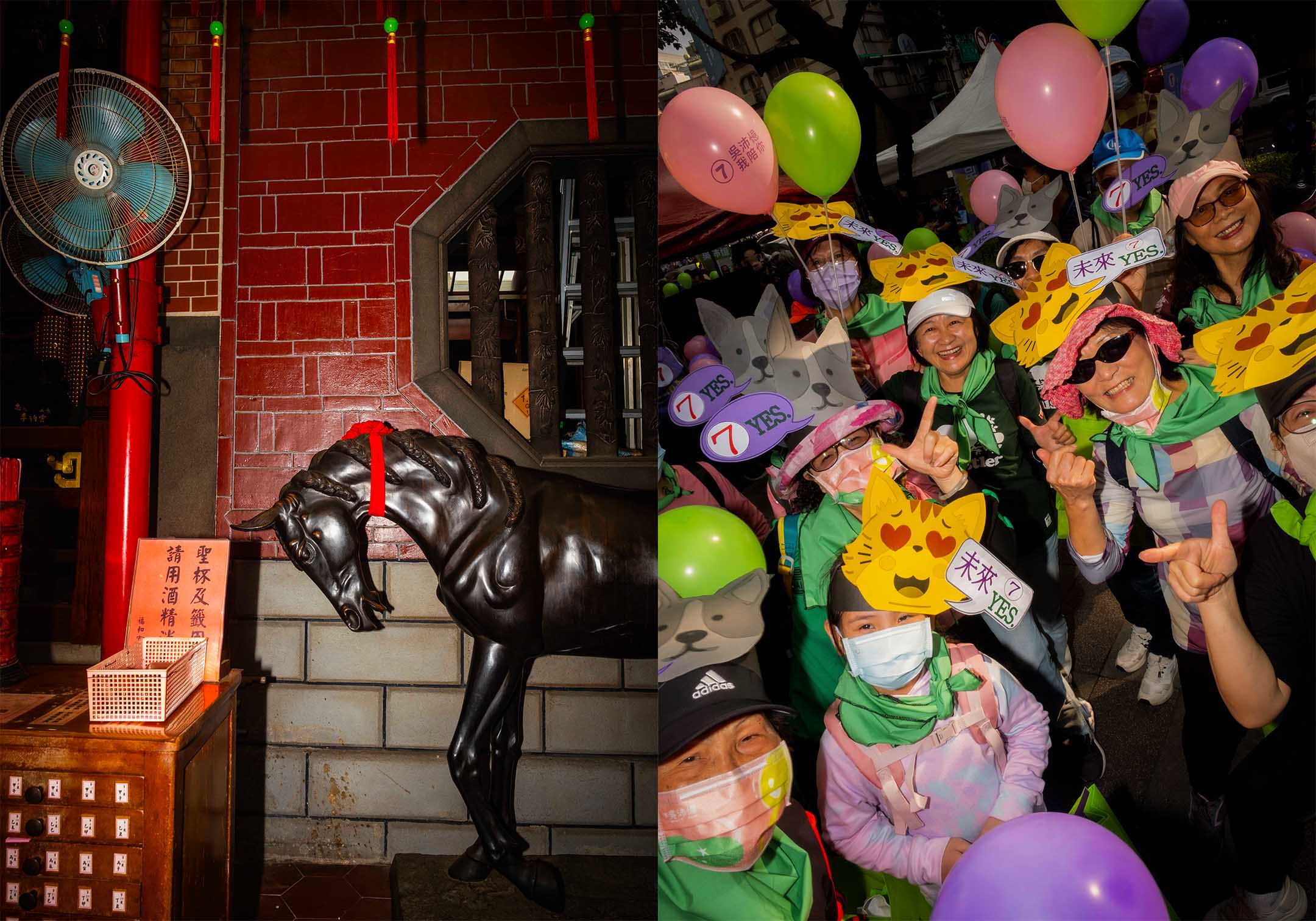 國民黨於宮廟參香拜票(左),民進黨的支持者(右)。攝:陳焯煇/端傳媒