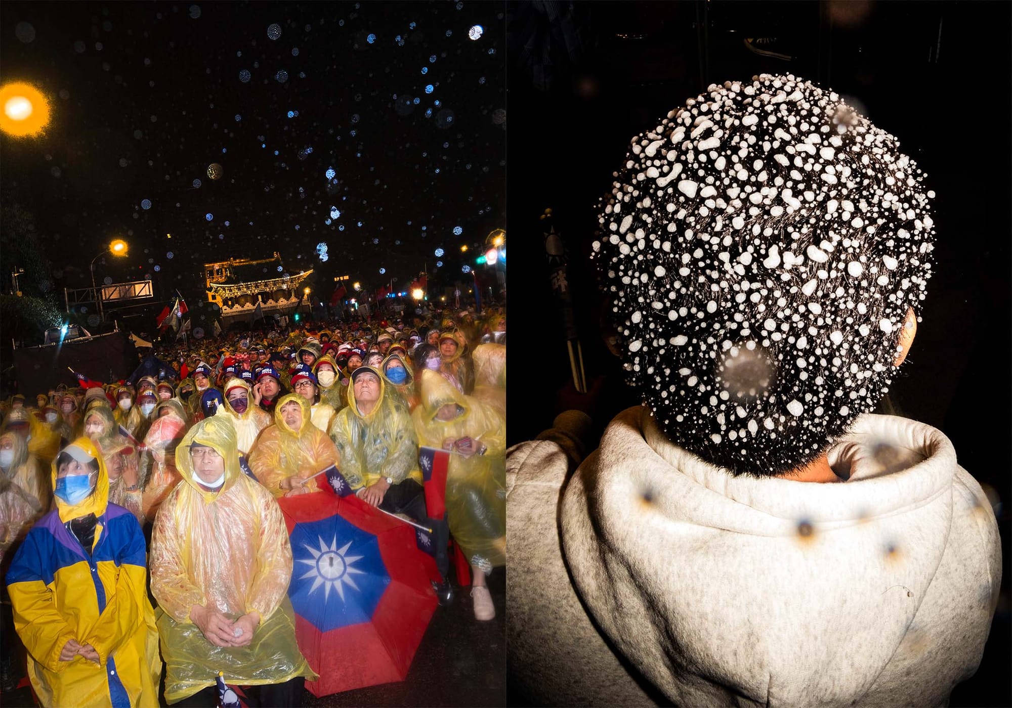 國民黨的支持者(左),民眾黨造勢活動內的支持者(右)。攝:陳焯煇/端傳媒