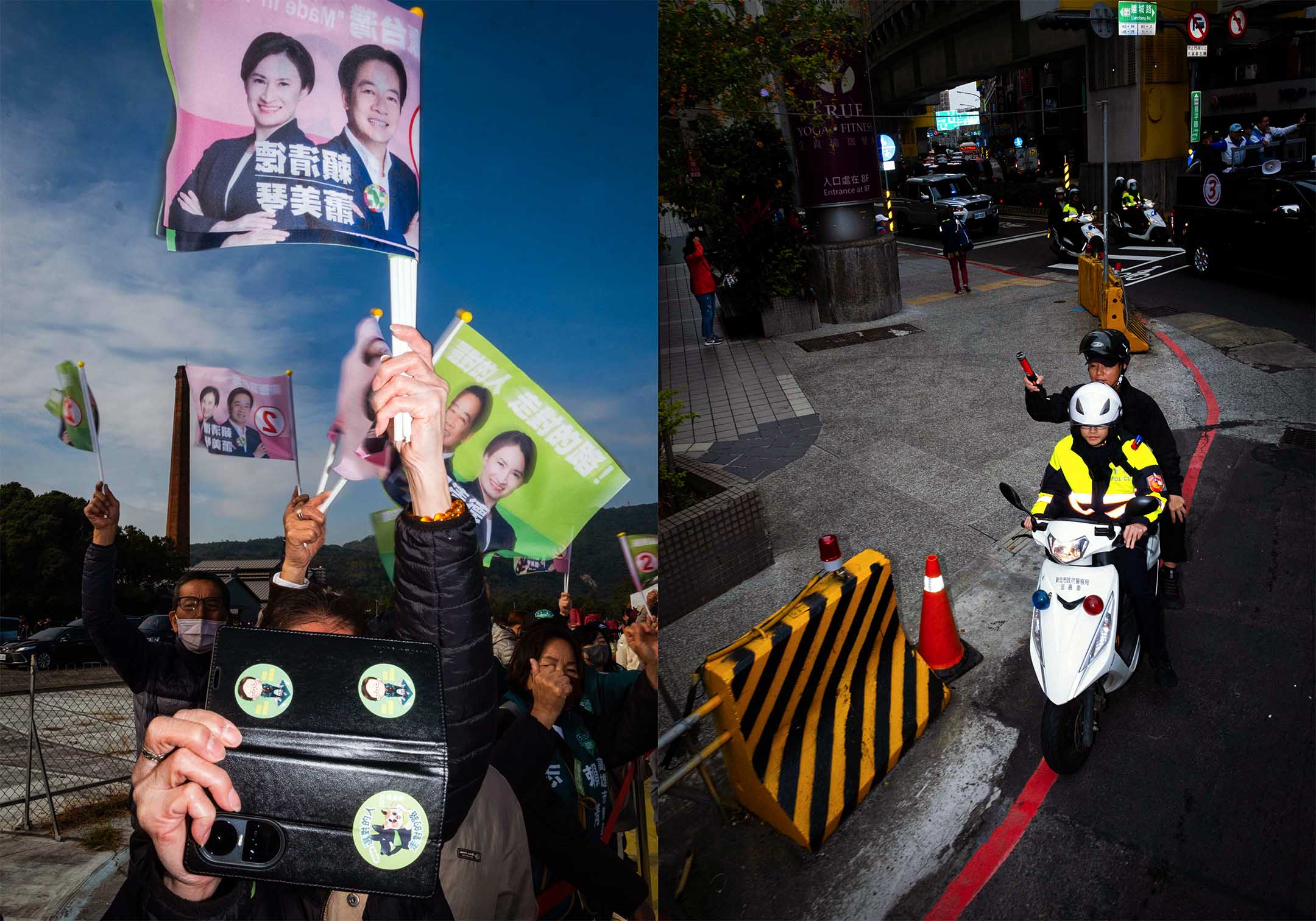 民進黨的造勢活動(左),國民黨車掃拜票(右)。攝:陳焯煇/端傳媒