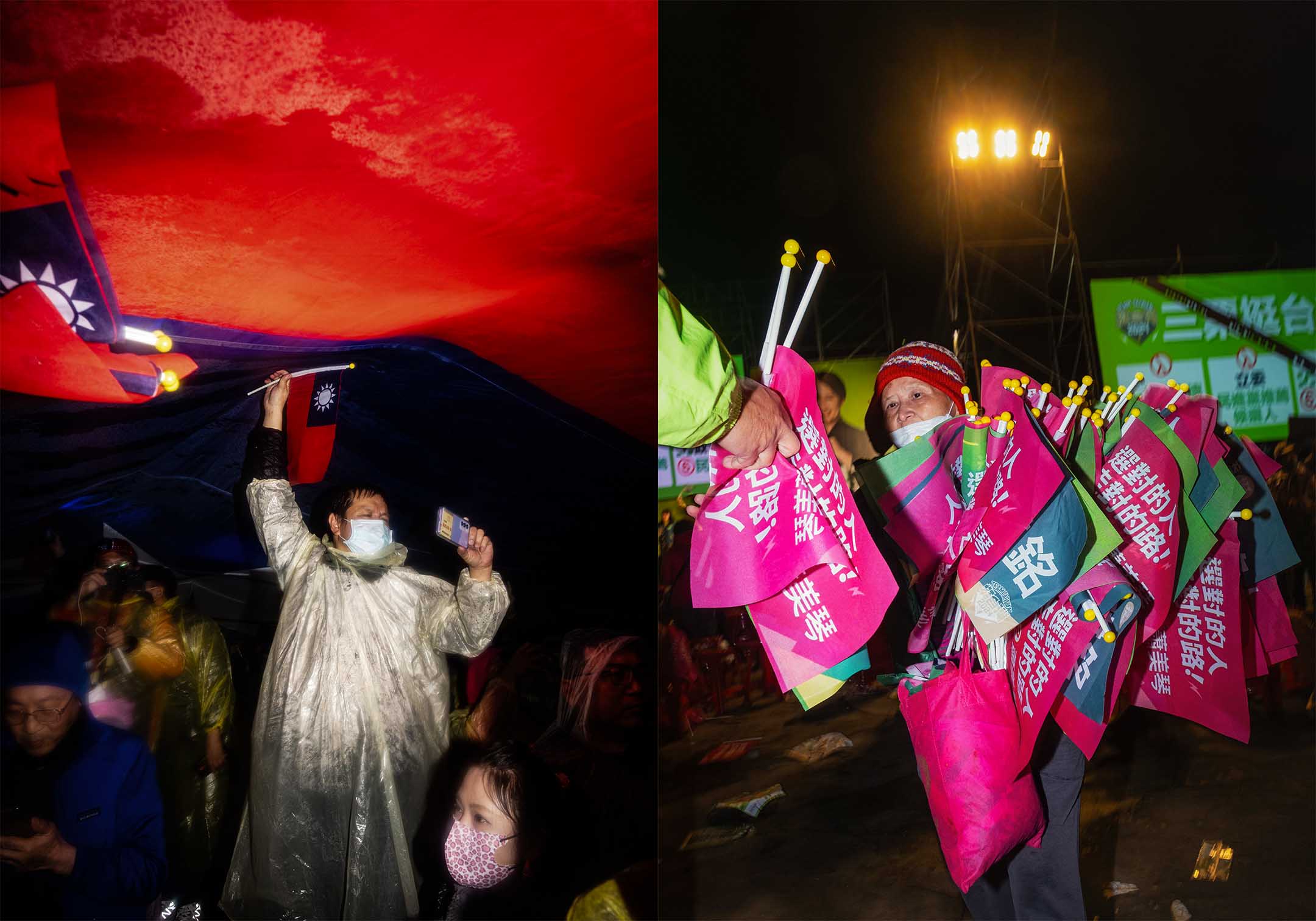 國民黨的造勢晚會(左),民進黨的造勢晚會(右)。攝:陳焯煇/端傳媒