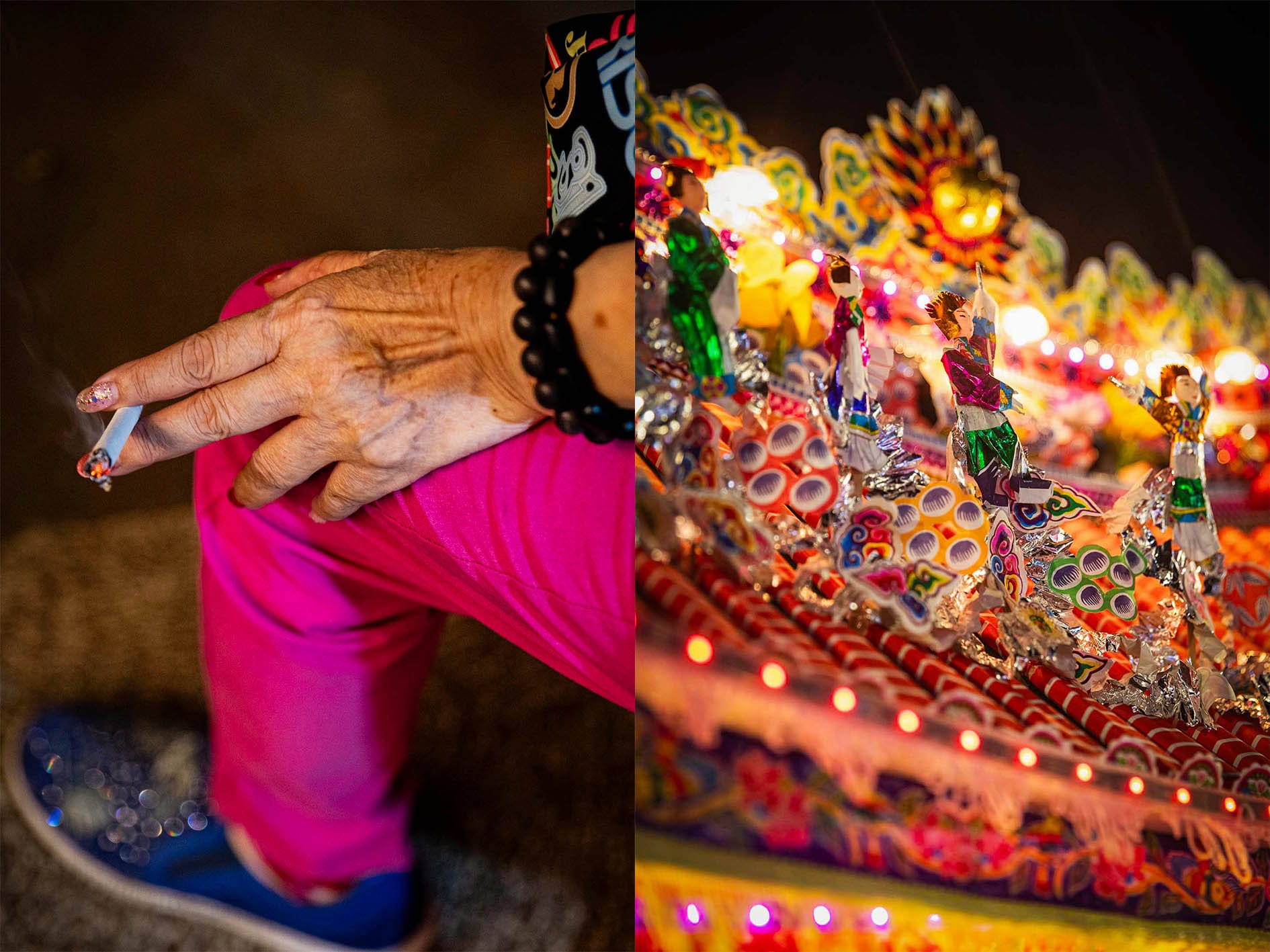 (左) 2024年8月18日,基隆,中元普渡期间民众在抽烟。(右) 2024年8月17日,八斗子望海巷,一个水灯上的装饰。摄:陈焯煇/端传媒