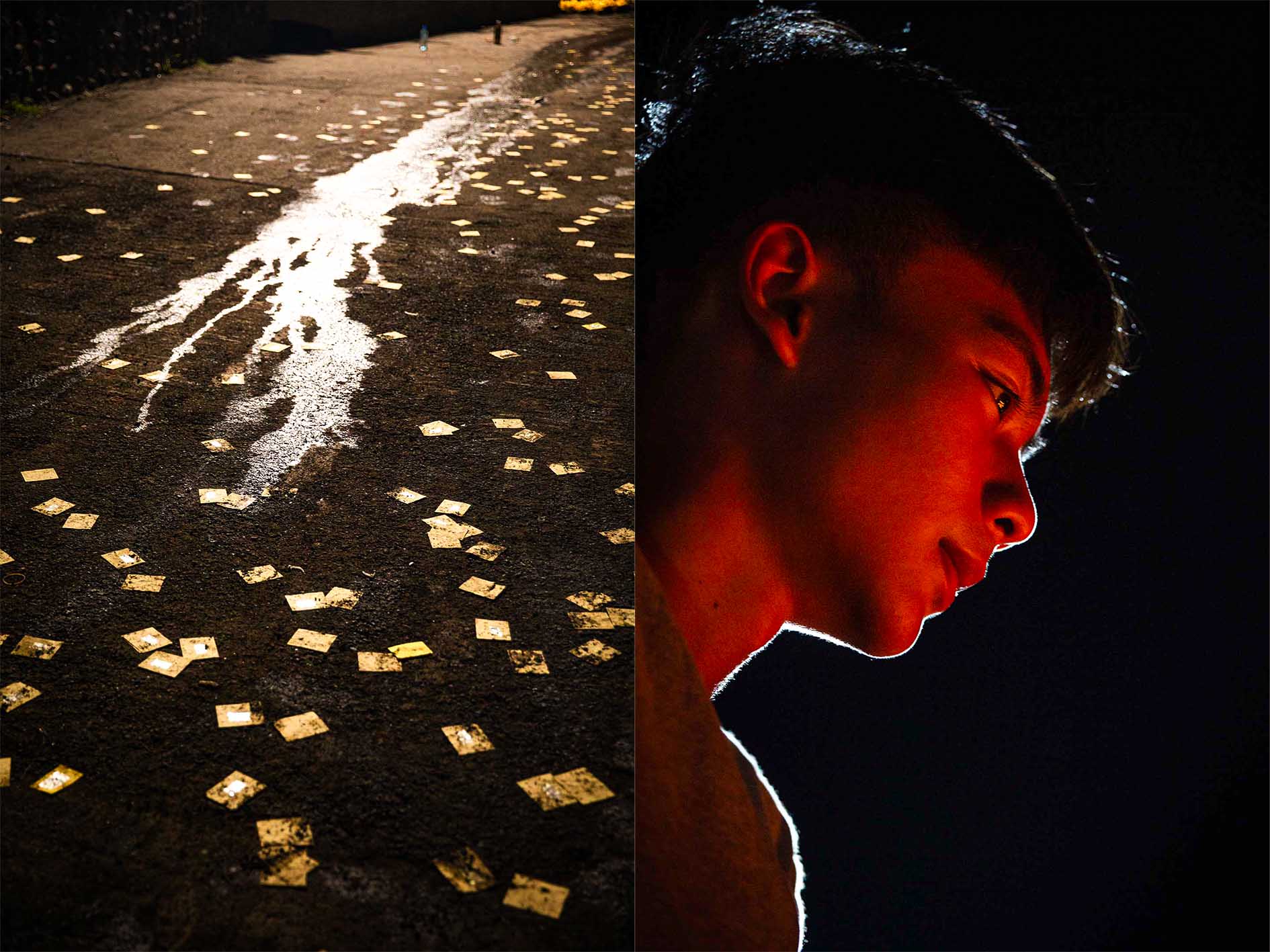 (左) 2024年8月17日,八斗子,放水灯过后,地上布满金纸。(右) 2024年8月17日,八斗子,等待放水灯的人。摄:陈焯煇/端传媒