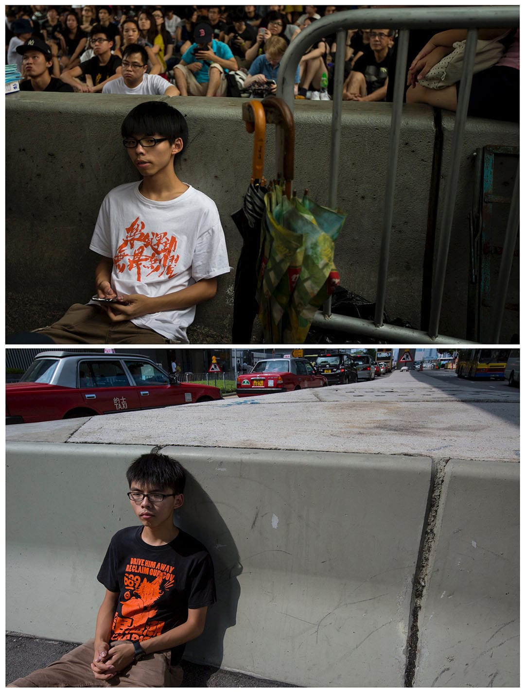 上圖攝於2014年10月4日，學民思潮發言人黃之鋒在金鐘佔領區演講後坐在路邊休息。下圖攝於今年9月18日，黃之鋒在同一位置拍照。黃之鋒認為雖然雨傘運動未能成功令香港爭取到真普選，「但我們仍上了寶貴一課，就是明白了要以抗爭去爭取民主、爭取普選。」攝：Tyrone Siu/REUTERS