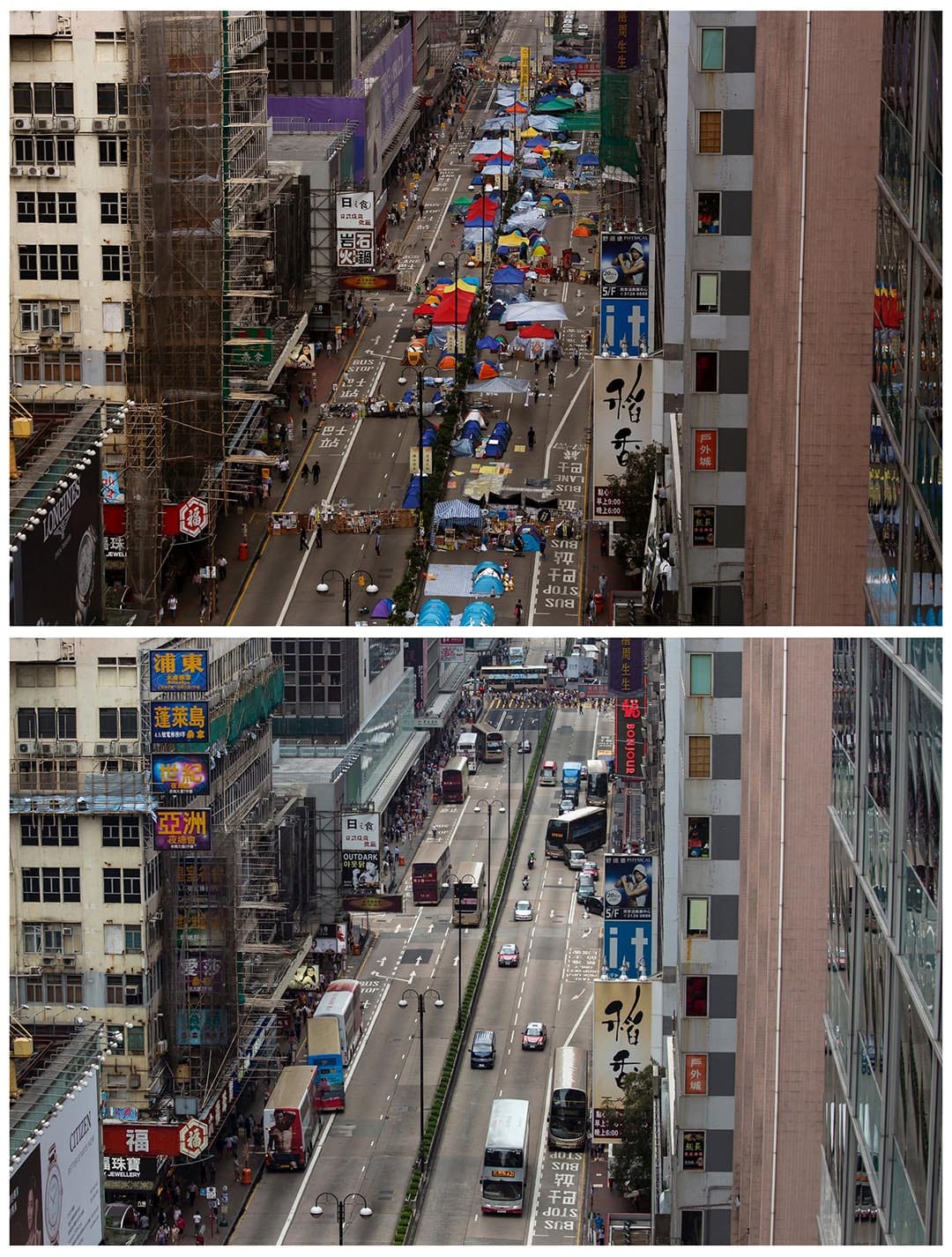 上圖為去年11月12日被佔領的一段旺角彌敦道。下圖攝於今年9月16日，同一段彌敦道。攝：（上圖）Bobby Yip/REUTERS，（下圖）Tyrone Siu/REUTERS
