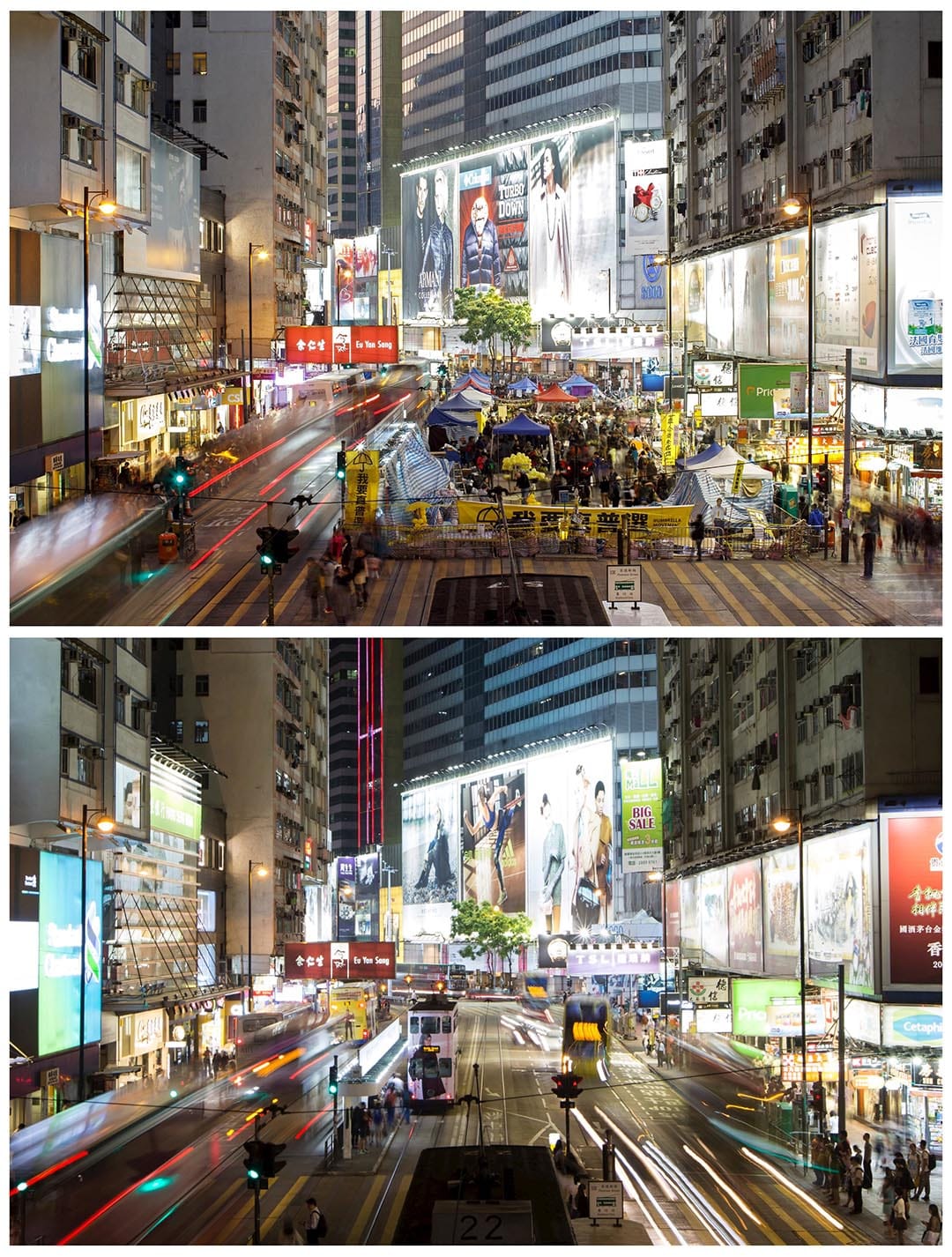 上圖攝於2014年12月13日的銅鑼灣佔領區，該佔領區在兩天後被清場。下圖攝於今年9月16日，在銅鑼灣的同一位置。攝：（上圖）Athit Perawongmetha/REUTERS，（下圖）Tyrone Siu/REUTERS