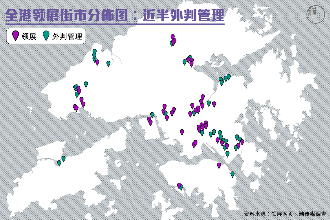 全港领展街市分布图︰近半外判管理。图：端传媒设计部