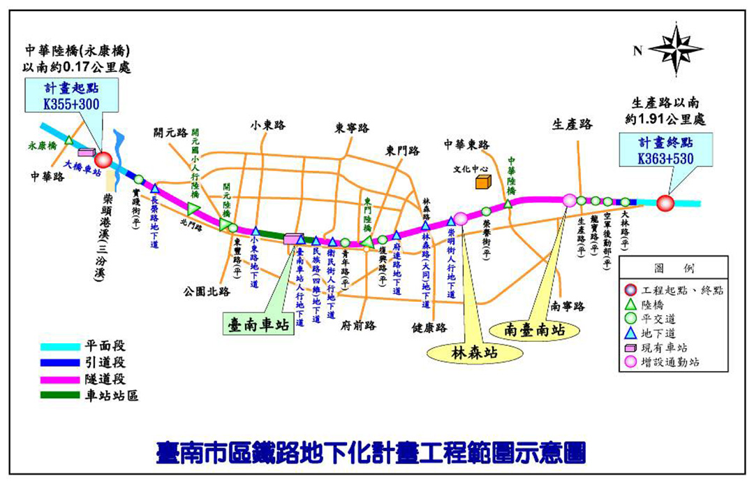 台南鐵路地下化路程圖，全長8.23公里，貫穿台南市中心的精華區。