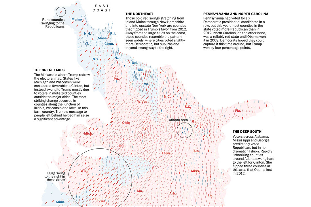 《華盛頓郵報》專題《How Trump redrew the electoral map, from sea to shining sea》（從西岸到東岸，特朗普如何重繪選舉地圖）截圖。