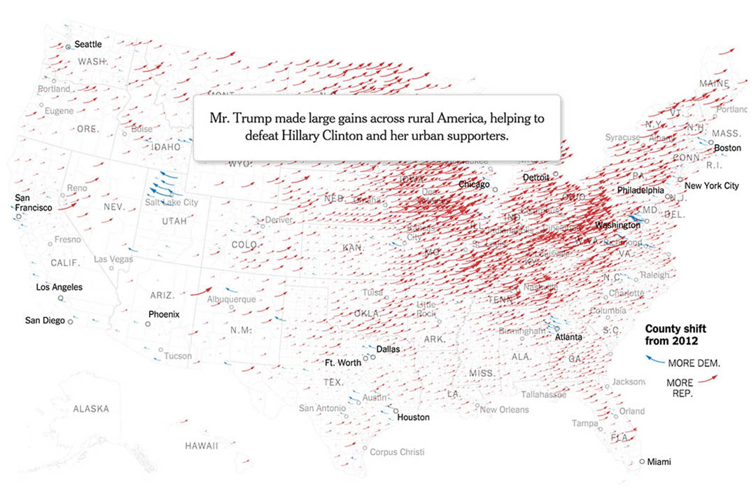 《紐約時報》的數據報導《How Trump Reshaped the Election Map》（特朗普如何重塑選舉地圖）截圖。