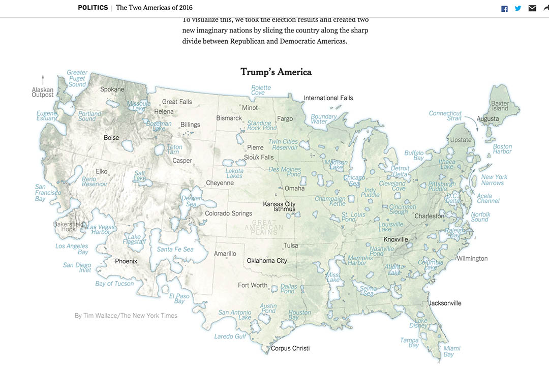 《紐約時報》可視化專題《The Two Americas of 2016》(2016平行時空裏的兩個美國)截圖。