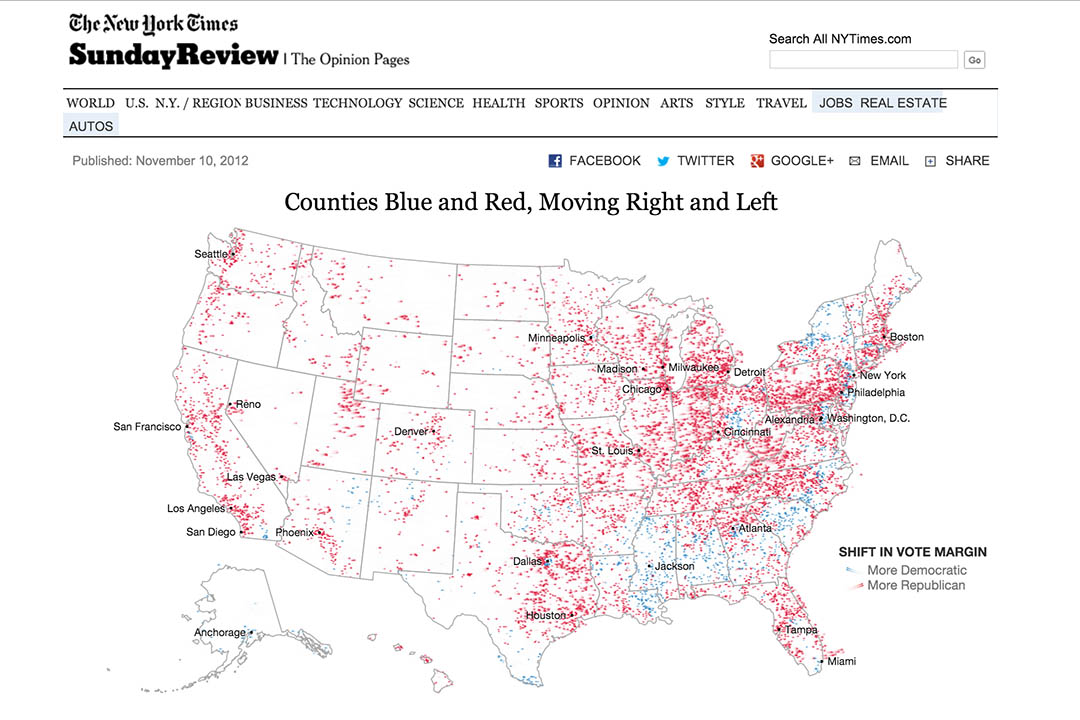 《紐約時報》的數據報導《Counties Blue and Red, Moving Right and Left》（藍色郡和紅色郡，向右和向左)截圖。