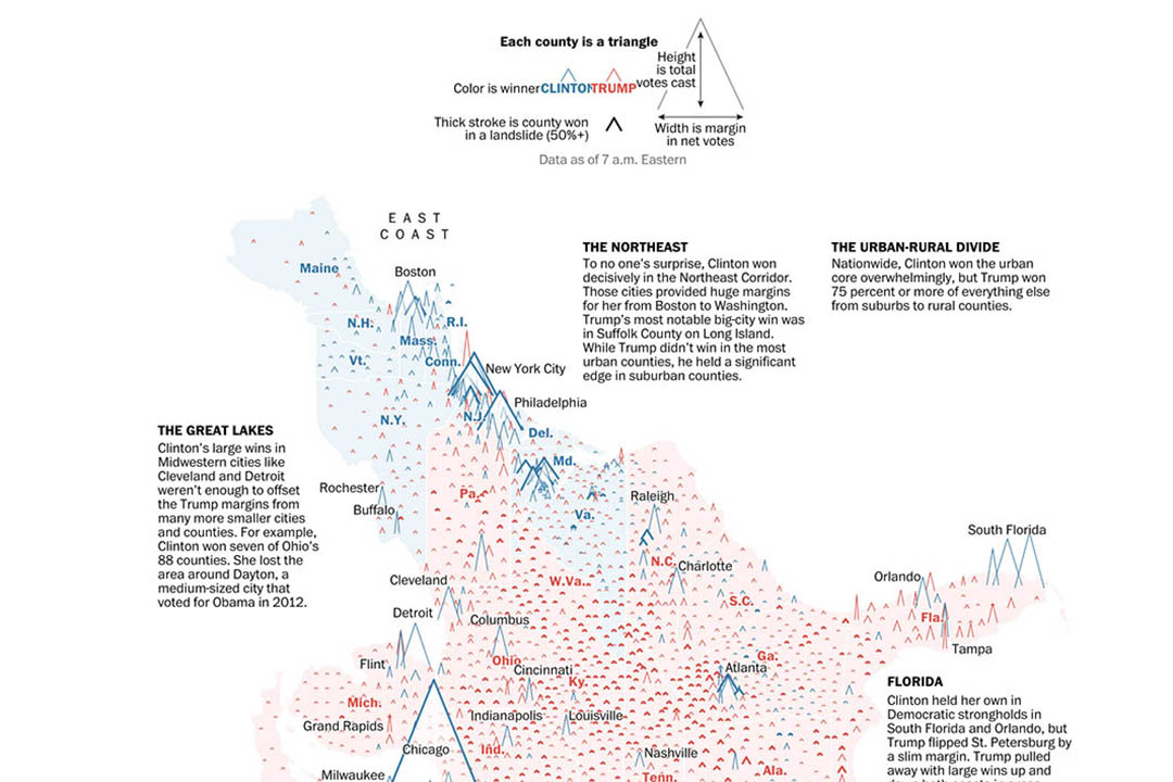 《華盛頓郵報》專題《How Trump redrew the electoral map, from sea to shining sea》（從西岸到東岸，特朗普如何重繪選舉地圖）截圖。