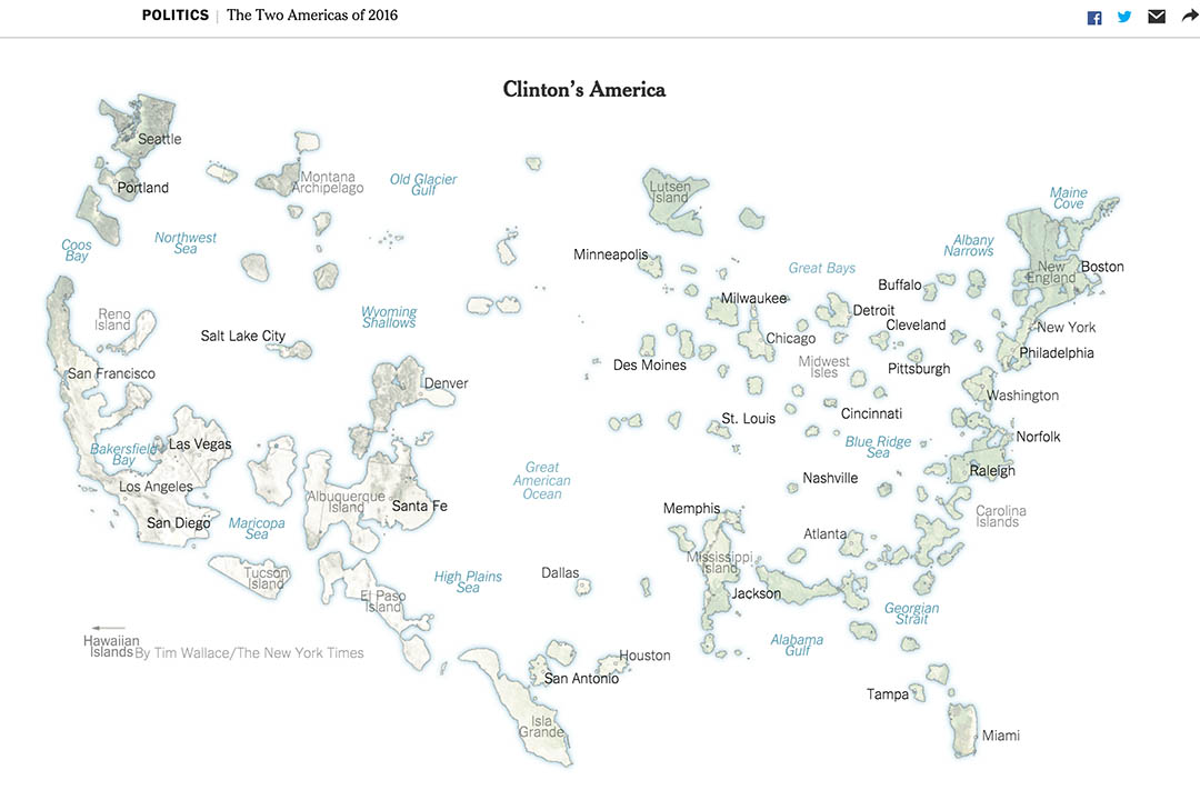 《紐約時報》可視化專題《The Two Americas of 2016》(2016平行時空裏的兩個美國)截圖。