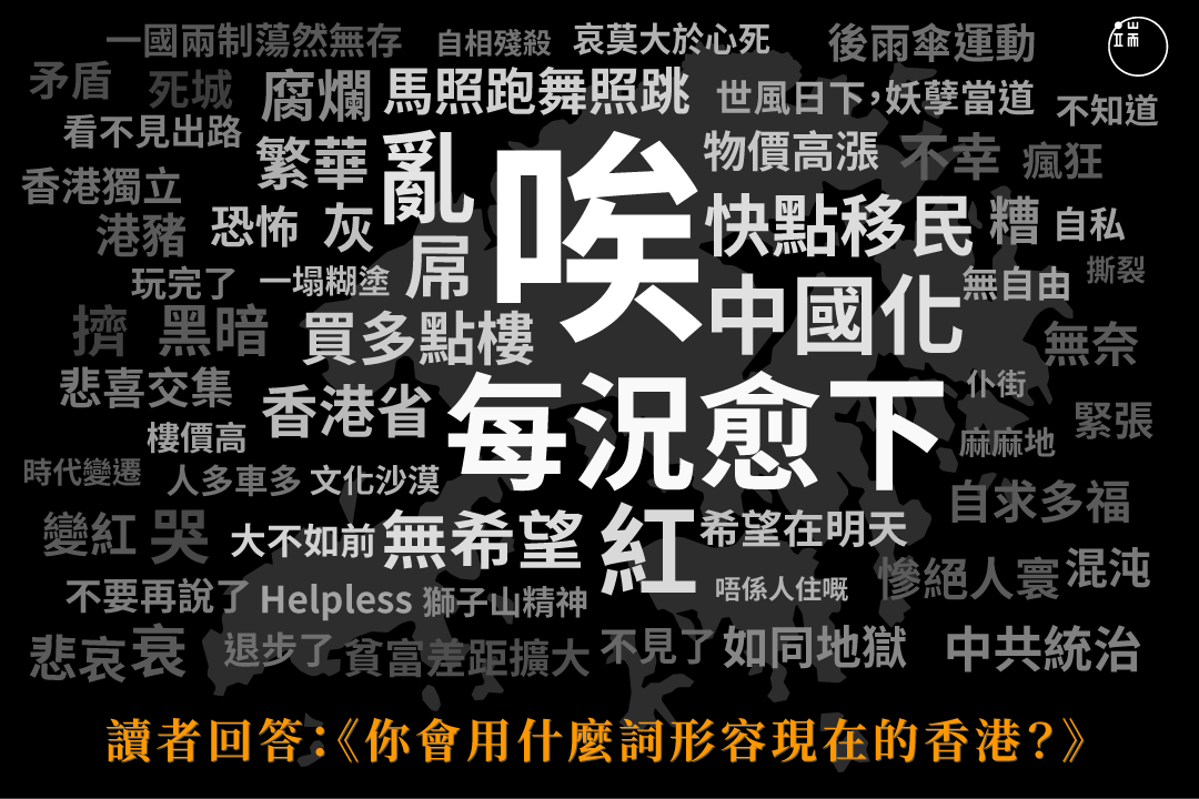 端传媒根据制作的《在1997年香港生活一天，你会被揭穿是未来人吗？》小测验，收集了读者形容香港的词语，按照词语出现的频次，制作了这张图。