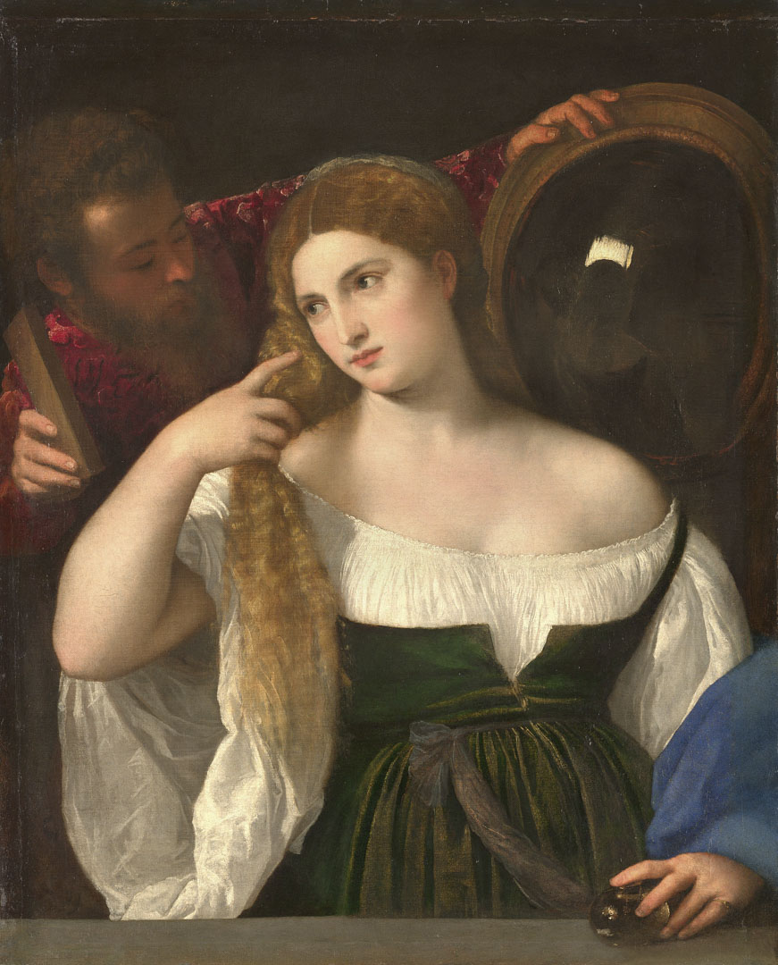 提香的《梳粧的女人》（la Femme au Miroir, Titian）。 