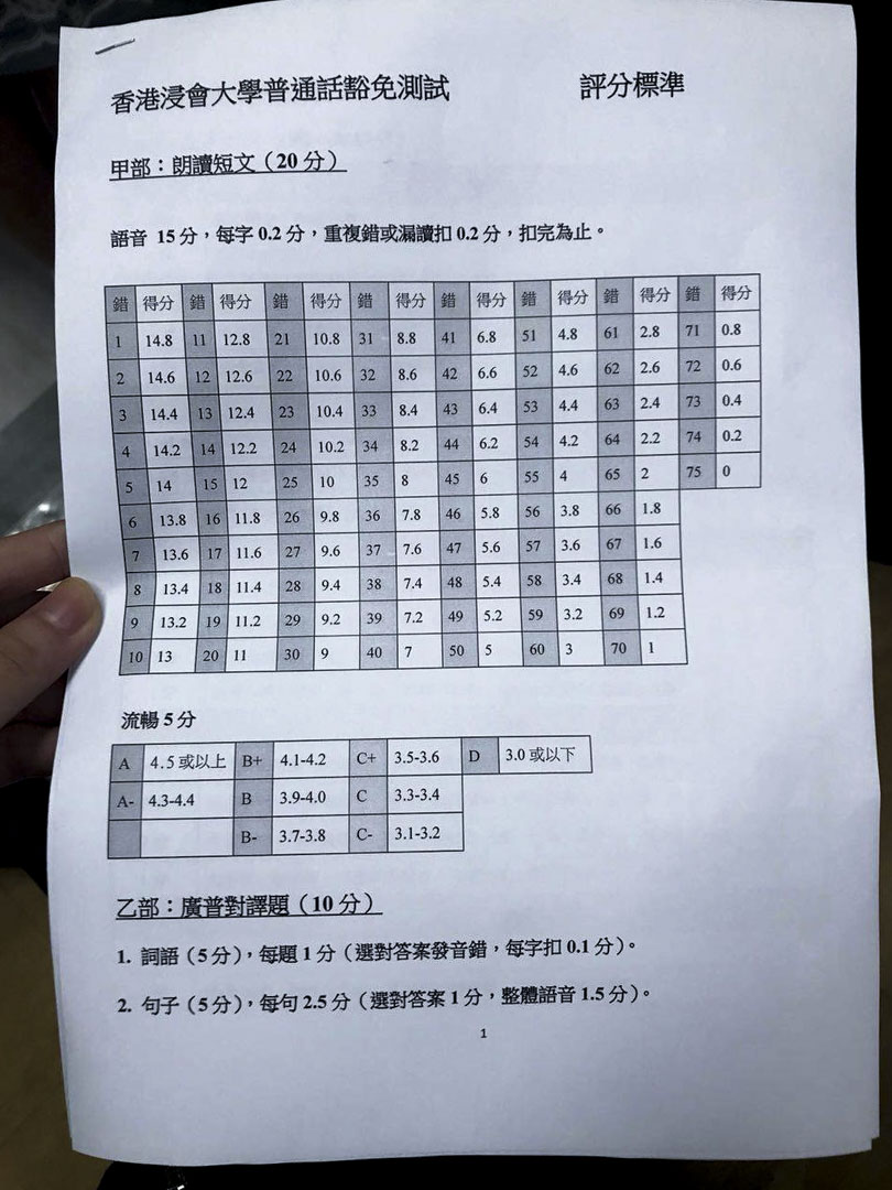 浸大学生会会长刘子颀向《端传媒》提供1月17日从副校长周伟立手中获得的评分准则相片。