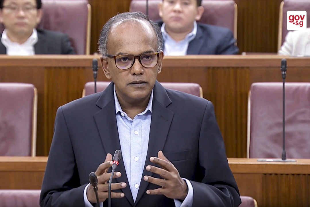 新加坡律政兼內政部長尚穆根（K Shanmugam）在新加坡的「反假新聞法」聽證會。