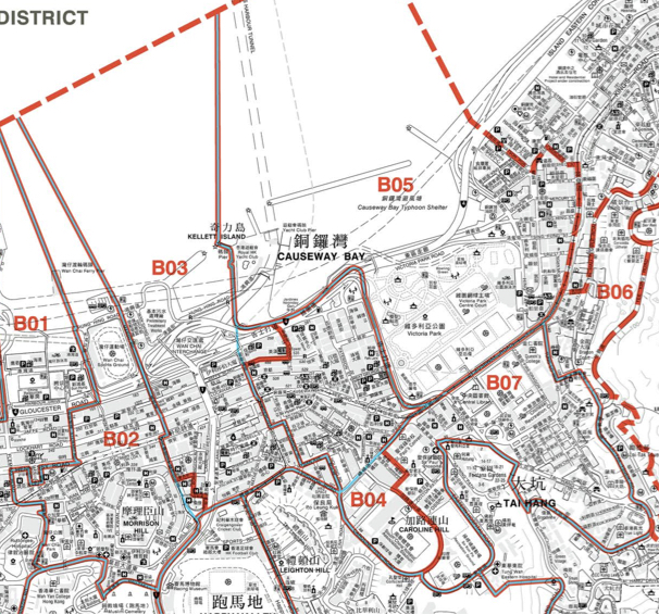 圖：2019年灣仔區部分暫定選區界線地圖（註：B02為愛群，B03為鵝頸，B04為銅鑼灣，B07為大坑；藍色線為2015年區議會選區界線，紅色線為2019年區議會暫定選區界線）