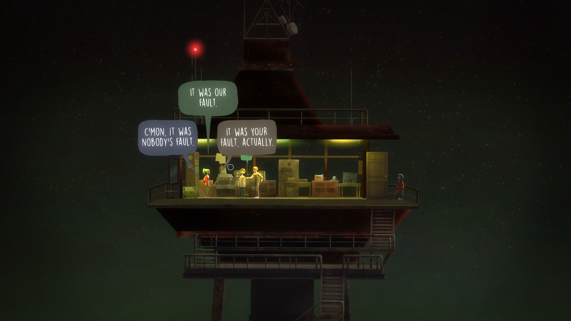 Oxenfree 的对话是去文字的，也是即时的。除非在游戏设定里专门选择，人物对话由声优全程配音，并不出现字幕。