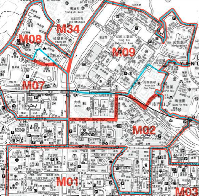 2019年元朗區部分暫定選區界線地圖（註：M02為元朗中心，M08為北朗，M09為元朗東頭；藍色線為2015年區議會選區界線，紅色線為2019年區議會暫定選區界線）