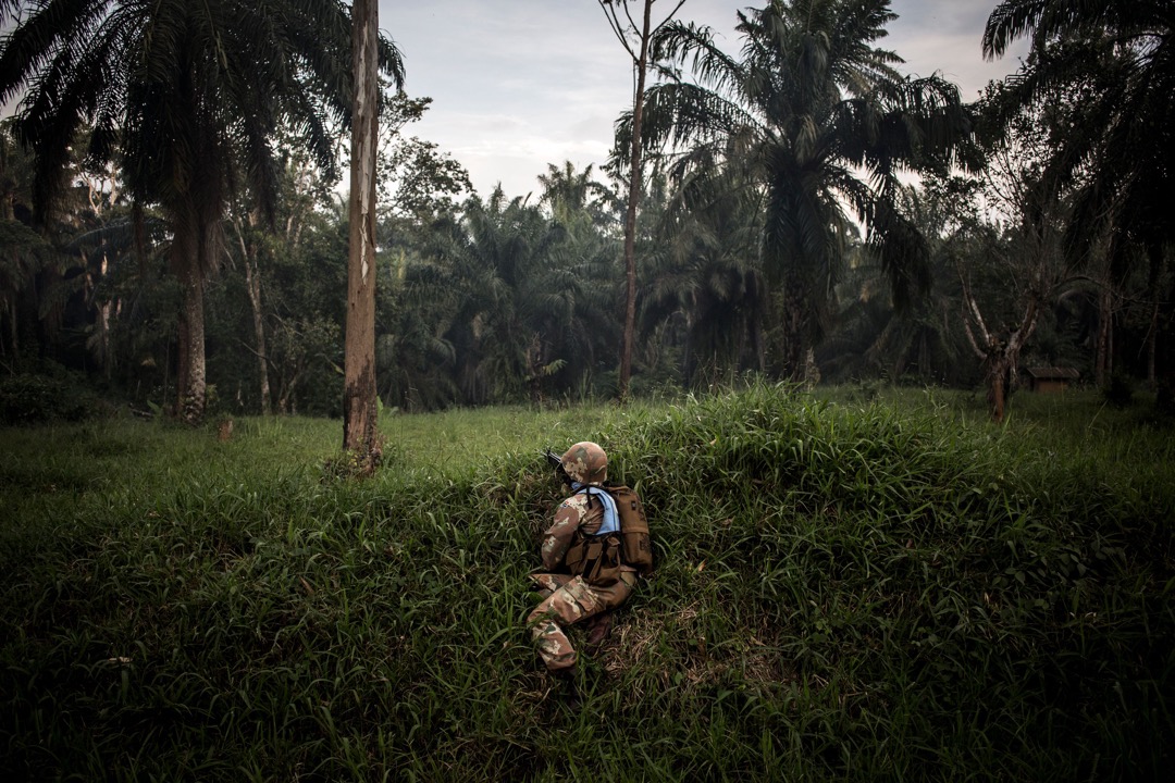 联合国派出维和部队（United Nations Stabilisation Mission in the Democratic Republic of the Congo，简称MONUSCO）协助搜捕，图为穿上蓝背心的维和部队士兵。