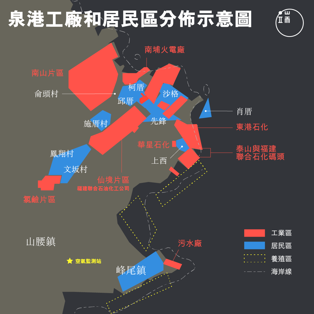 泉港工厂和居民区分布示意图