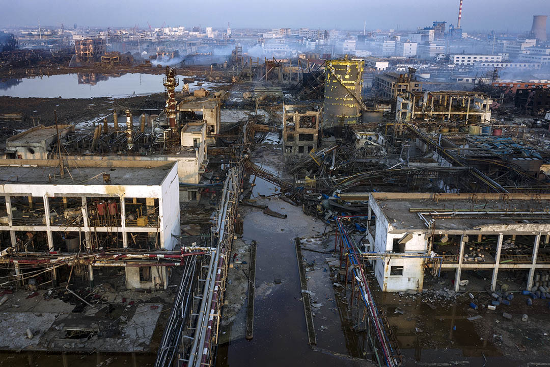 2019年3月23日，江苏盐城响水县，发生爆炸以后的化工厂鸟瞰图。