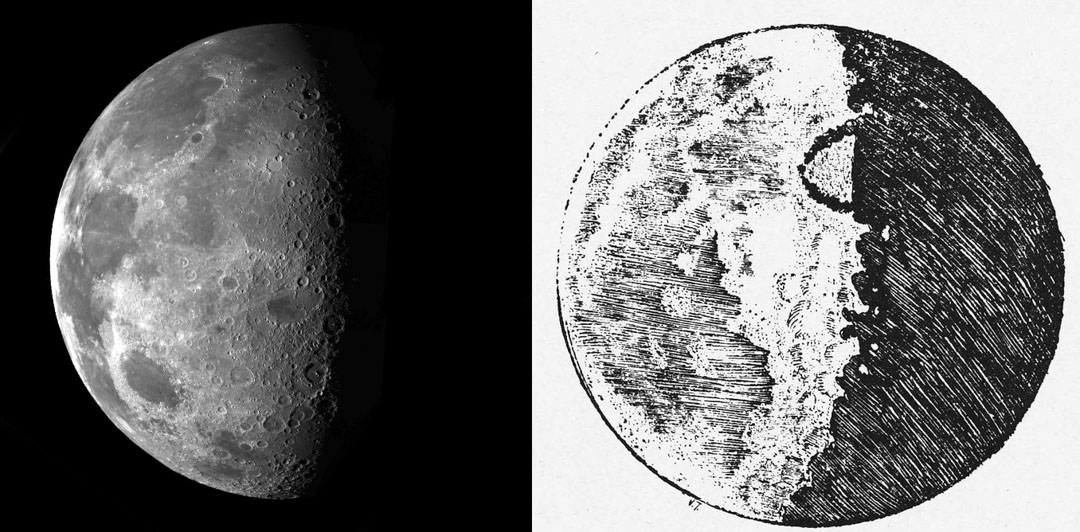 天文觀測的影像不斷演變。左為美國太空總署無人太空船伽利略號探測器1992年拍下的月球照片；右為伽利略十五世紀手繪的月面圖是人類史上首張月球的科學影像。